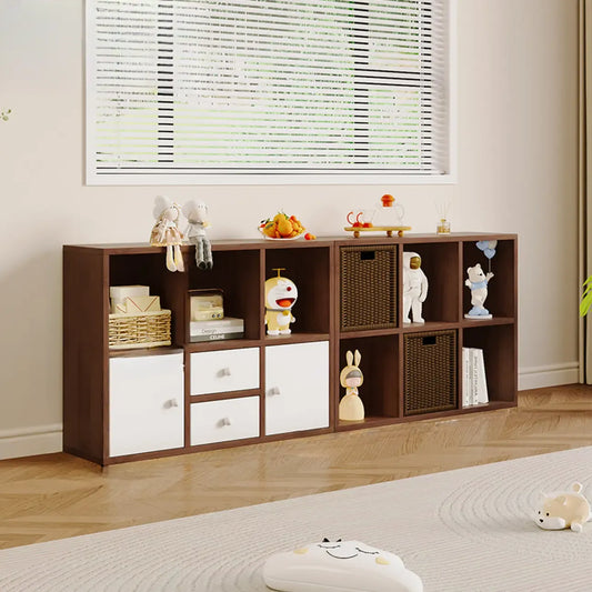 Bibliothèque cubique horizontale en bois brun noyer avec tiroirs