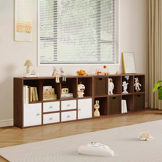 Bibliothèque cubique horizontale en bois brun noyer avec tiroirs