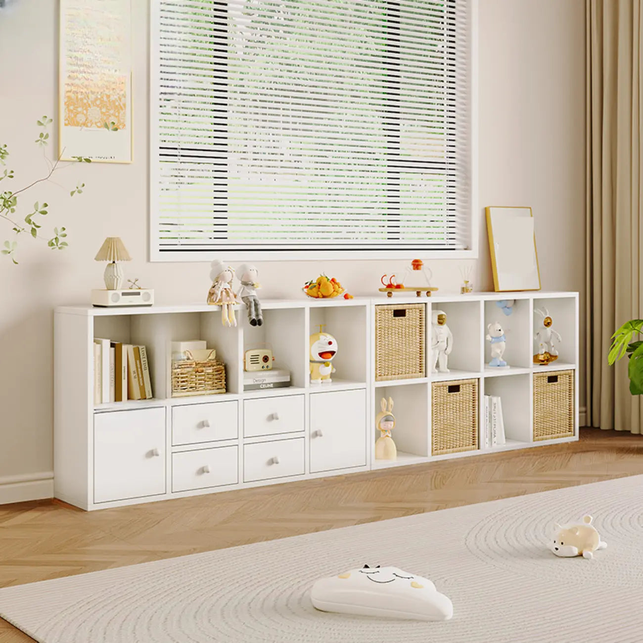 Bibliothèque cubique horizontale en bois brun noyer avec tiroirs