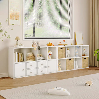 Bibliothèque cubique horizontale en bois brun noyer avec tiroirs