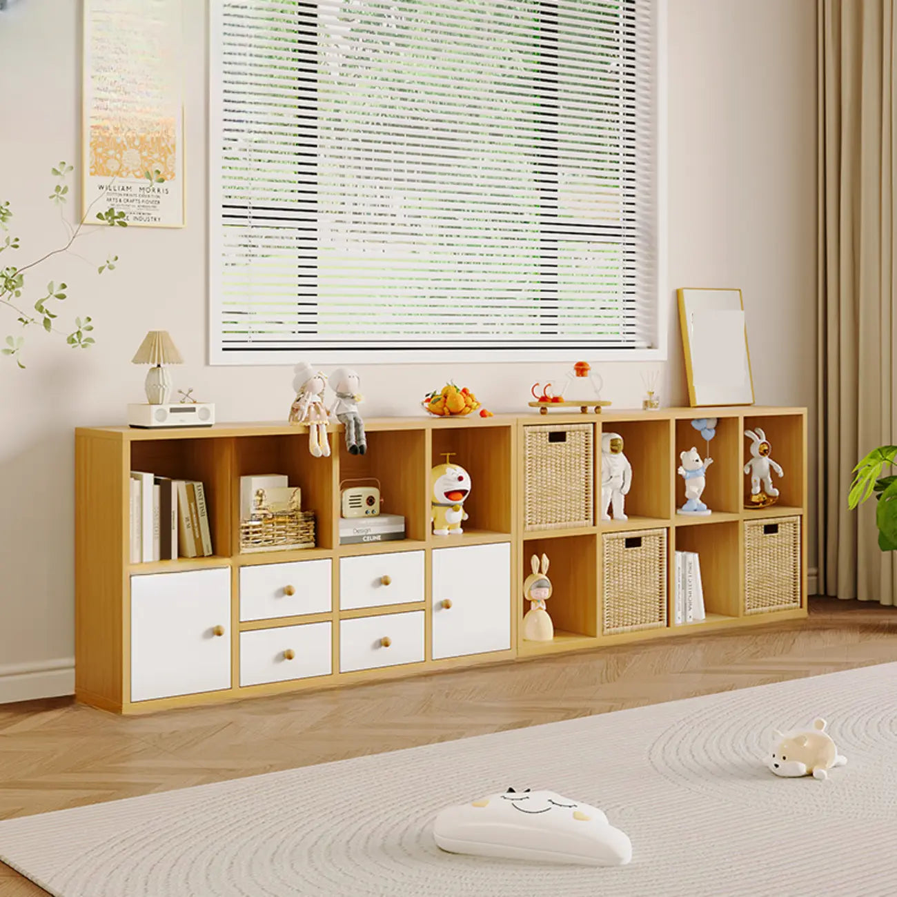 Bibliothèque cubique horizontale en bois brun noyer avec tiroirs