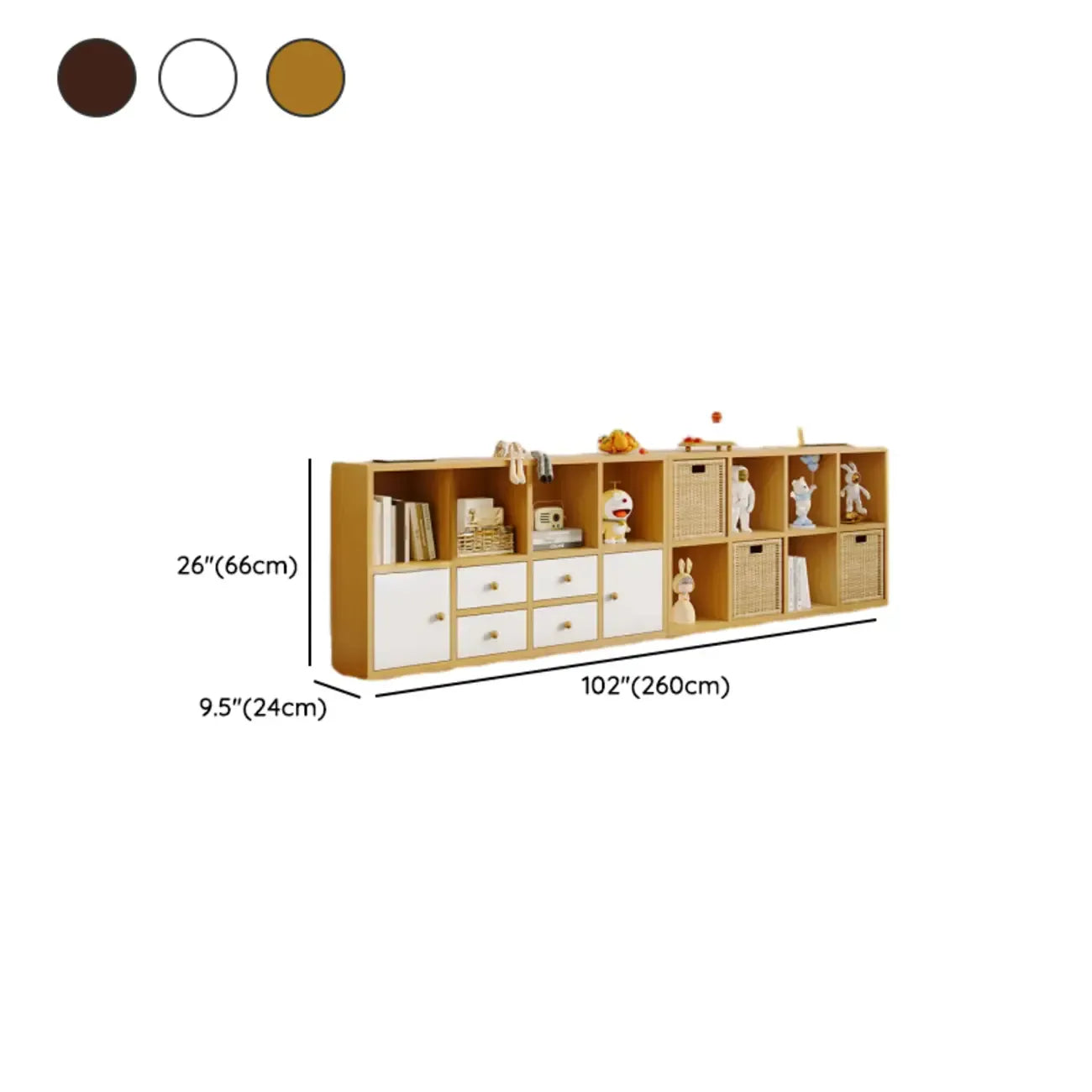 Bibliothèque cubique horizontale en bois brun noyer avec tiroirs