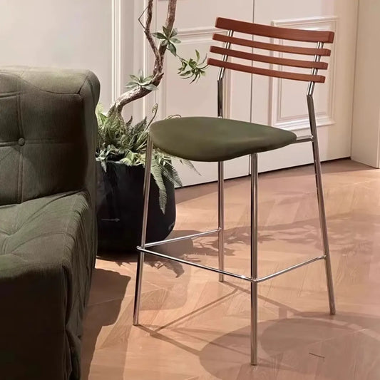 Tabourets de bar à assise en cuir vert et dossier en rotin