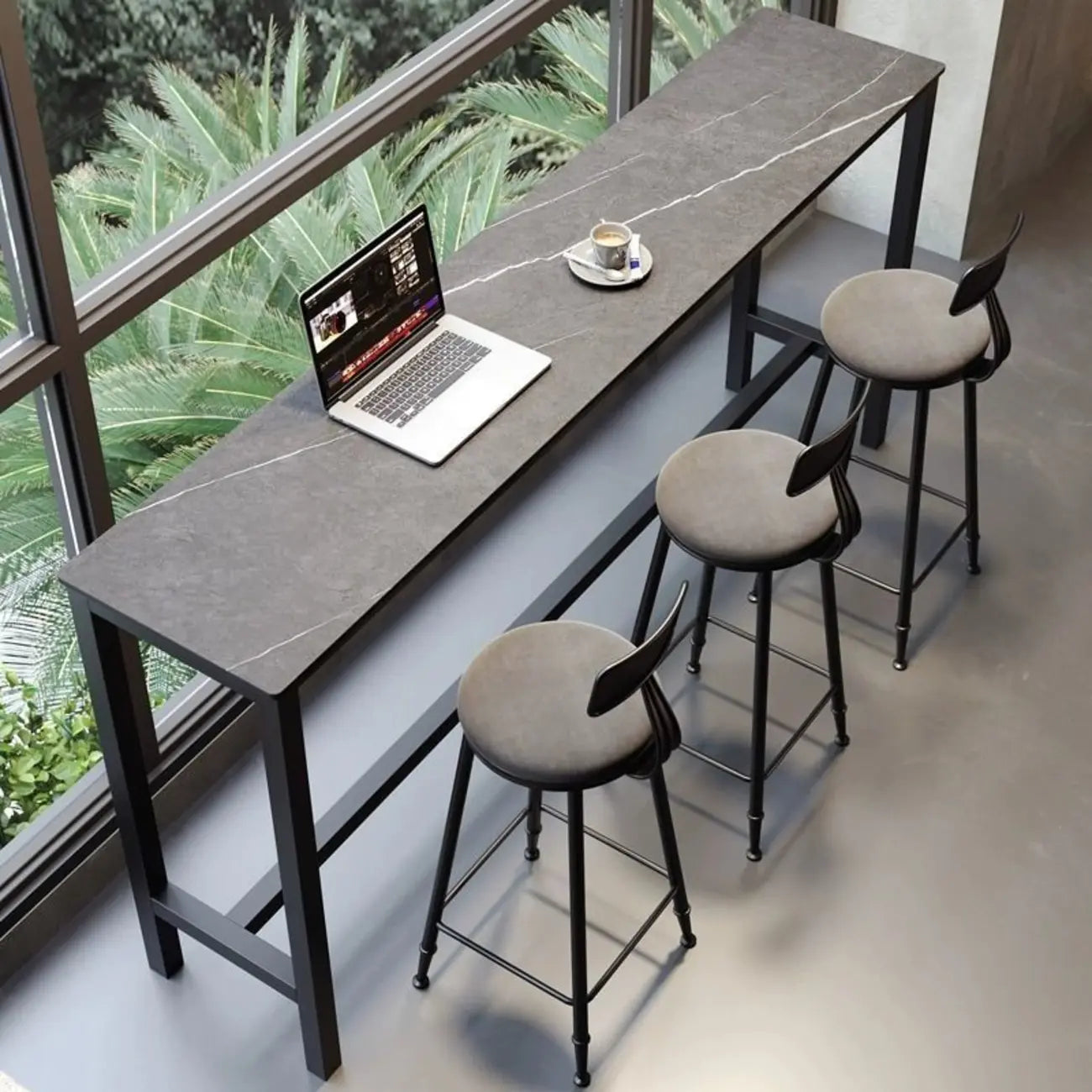 Tables de bar modernes avec plateau en pierre gris tourterelle et repose-pieds en acier