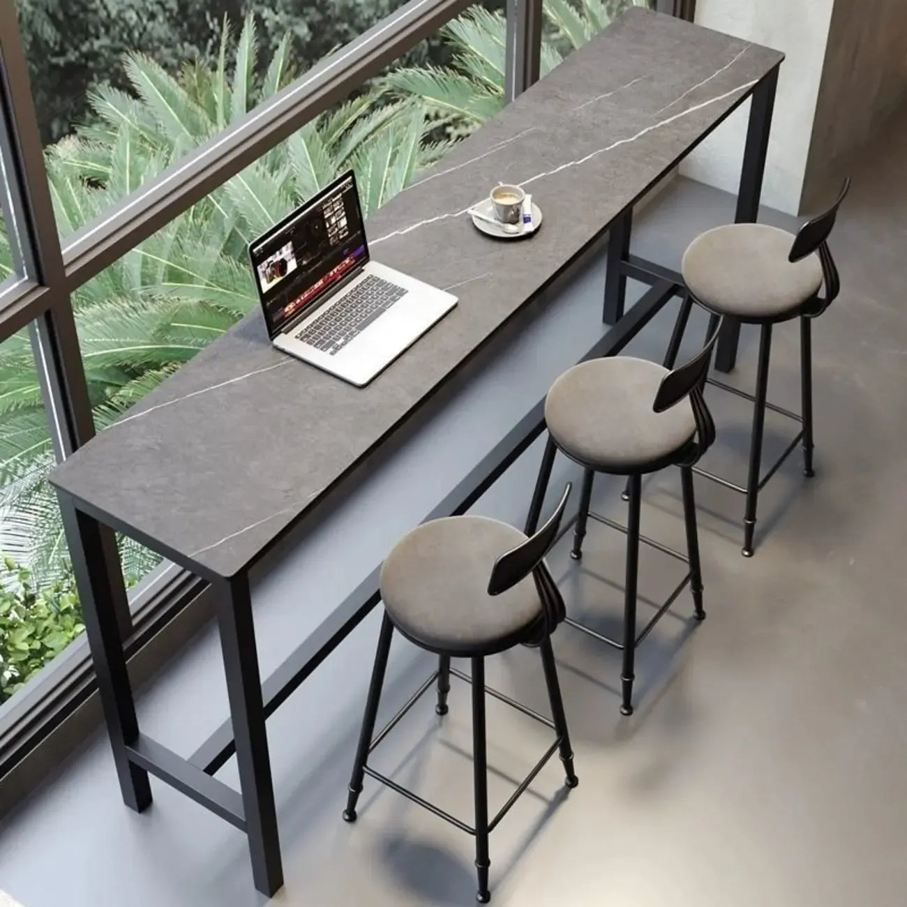 Tables de bar modernes avec plateau en pierre gris tourterelle et repose-pieds en acier