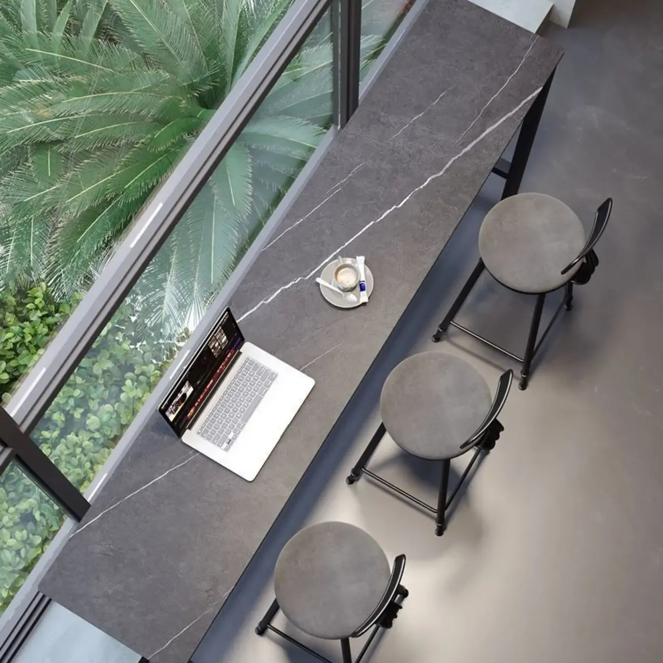 Tables de bar modernes avec plateau en pierre gris tourterelle et repose-pieds en acier