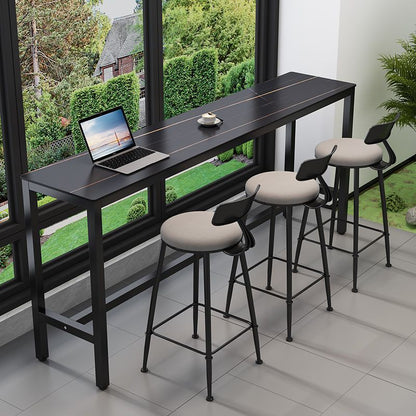 Tables de bar modernes avec plateau en pierre gris tourterelle et repose-pieds en acier