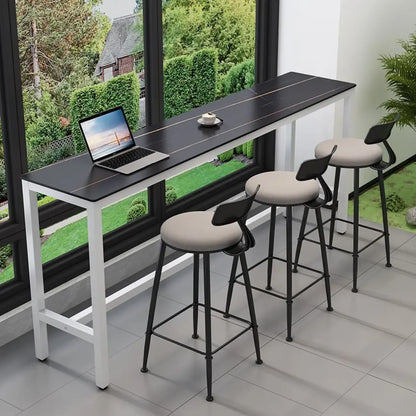 Tables de bar modernes avec plateau en pierre gris tourterelle et repose-pieds en acier