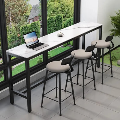 Tables de bar modernes avec plateau en pierre gris tourterelle et repose-pieds en acier