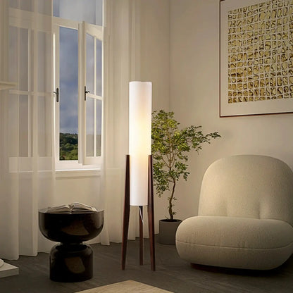 Lampadaire torche vintage en bois avec LED et abat-jour en tissu