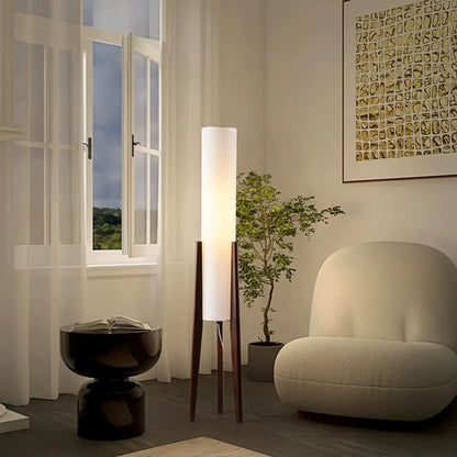 Lampadaire torche vintage en bois avec LED et abat-jour en tissu