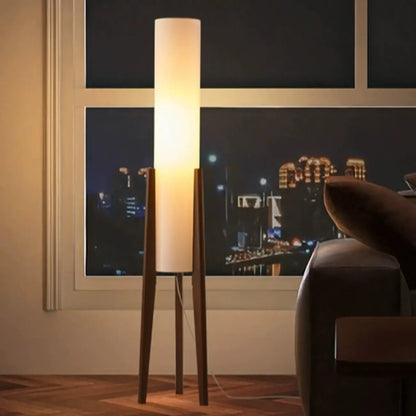 Lampadaire torche vintage en bois avec LED et abat-jour en tissu