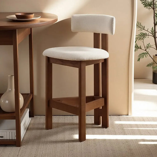 Tabourets de bar sans accoudoirs en tissu bouclé blanc et bois marron