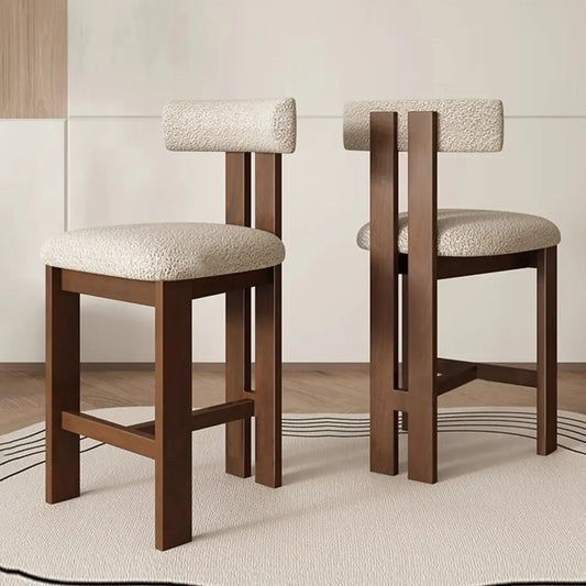 Tabourets de bar sans accoudoirs en tissu bouclé blanc et bois marron
