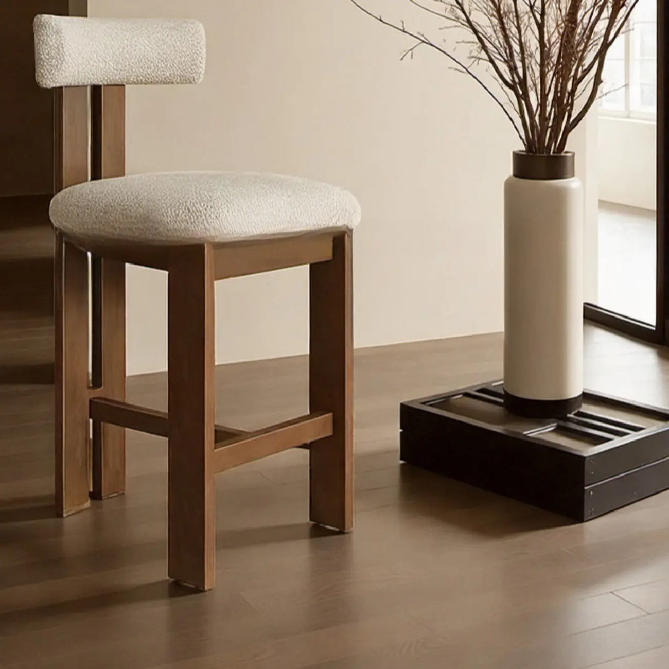 Tabourets de bar sans accoudoirs en tissu bouclé blanc et bois marron