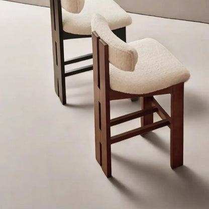 Tabourets de bar sans accoudoirs en tissu bouclé blanc et bois marron