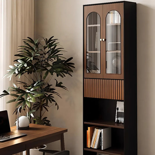 Bibliothèque haute de style campagnard français en bois avec banc rembourré