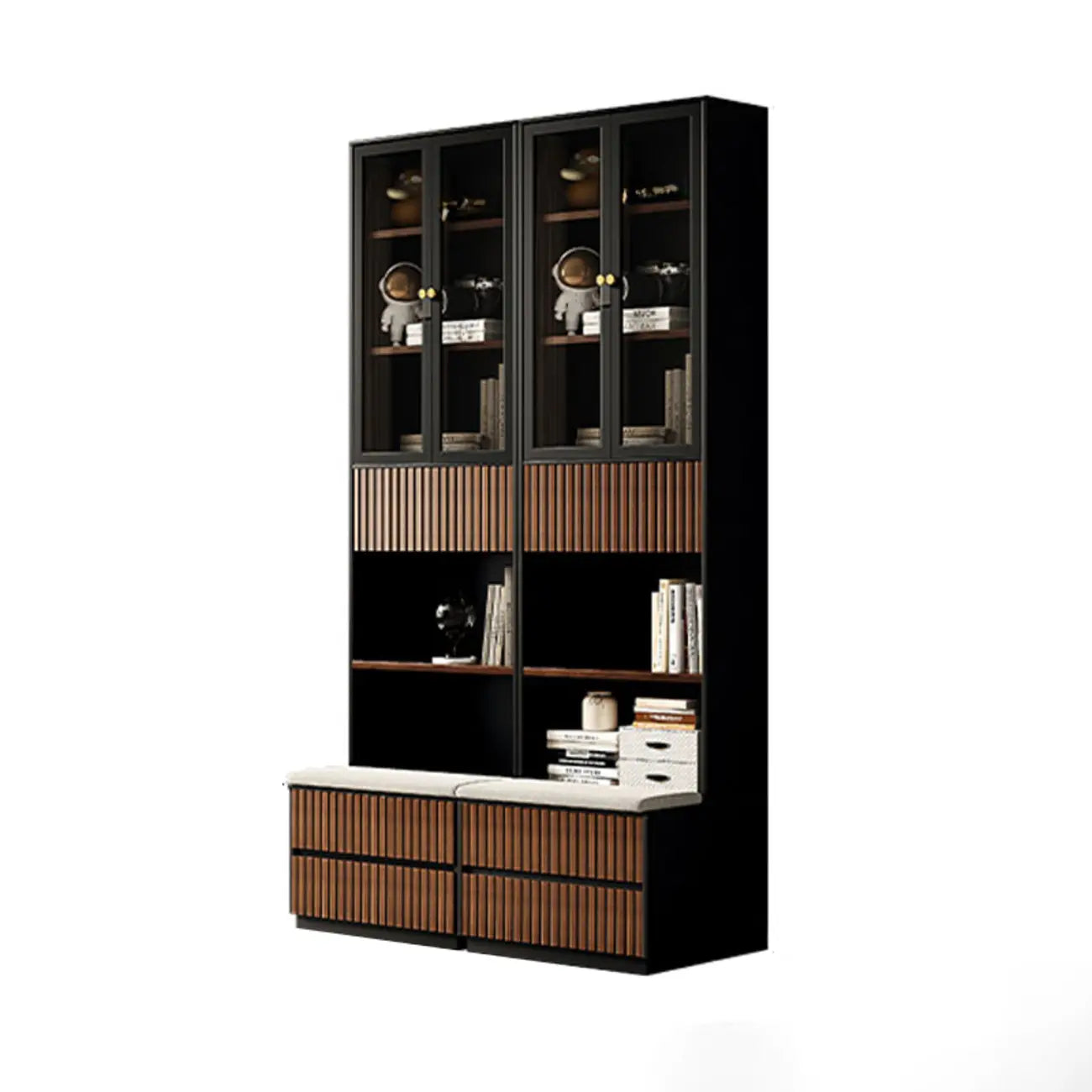 Bibliothèque haute de style campagnard français en bois avec banc rembourré