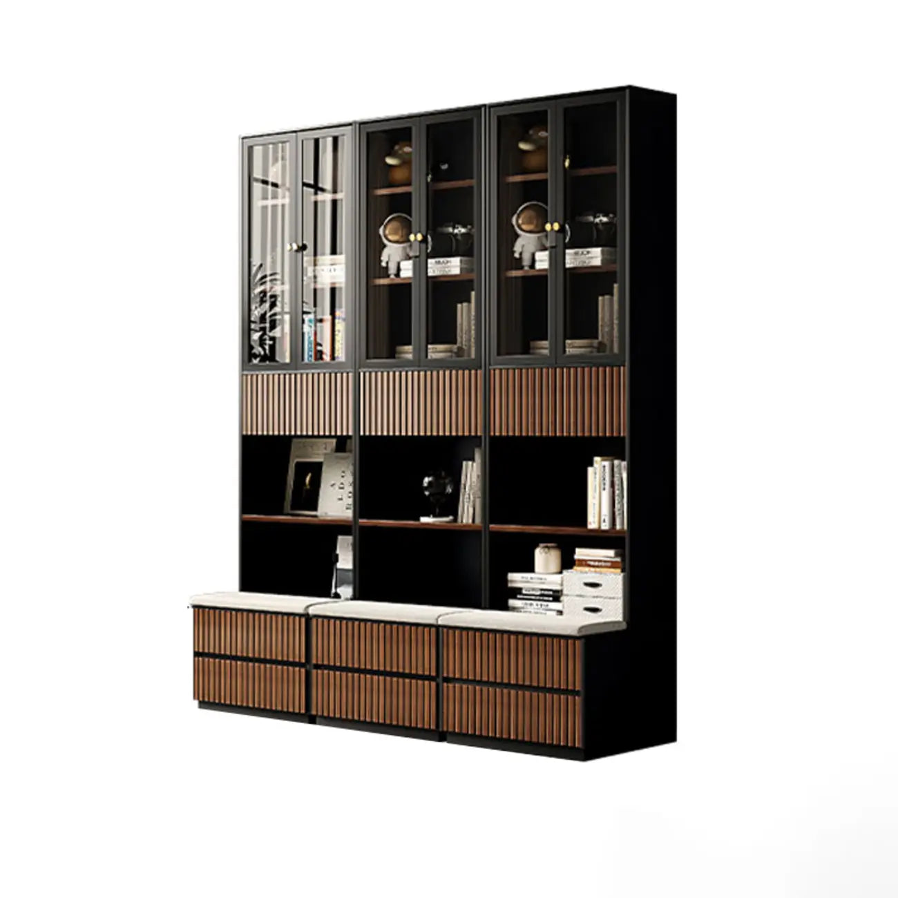 Bibliothèque haute de style campagnard français en bois avec banc rembourré