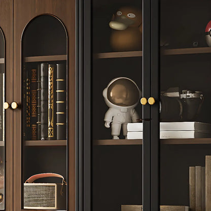 Bibliothèque haute de style campagnard français en bois avec banc rembourré