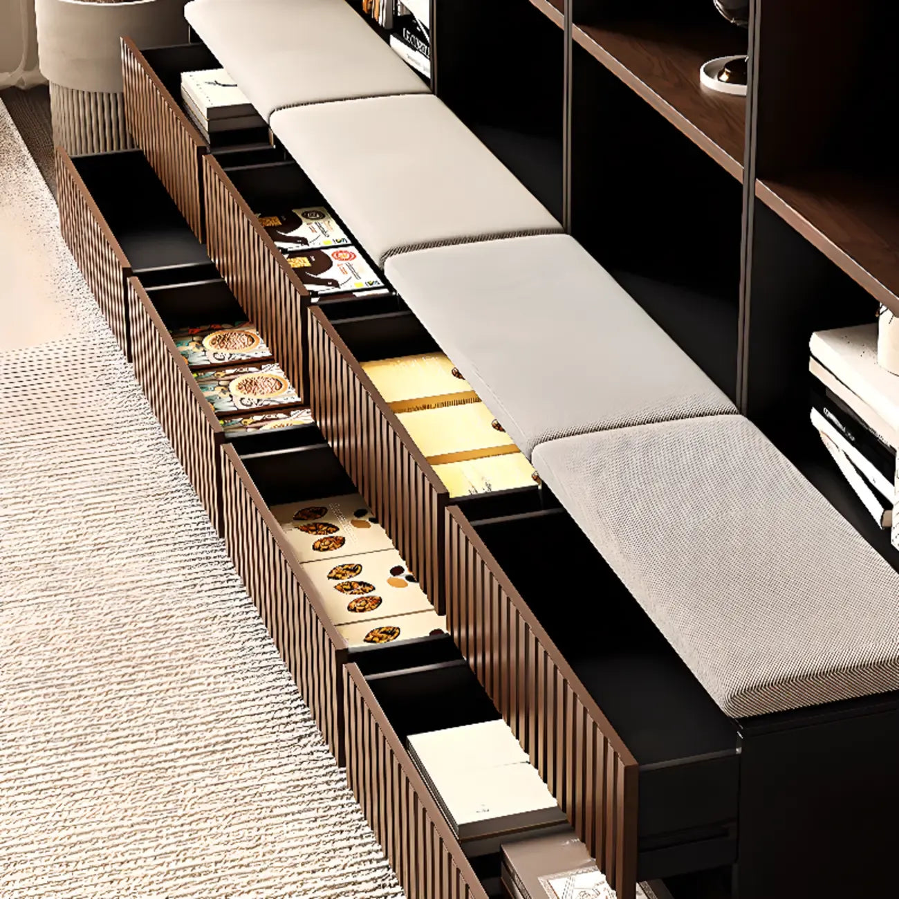 Bibliothèque haute de style campagnard français en bois avec banc rembourré