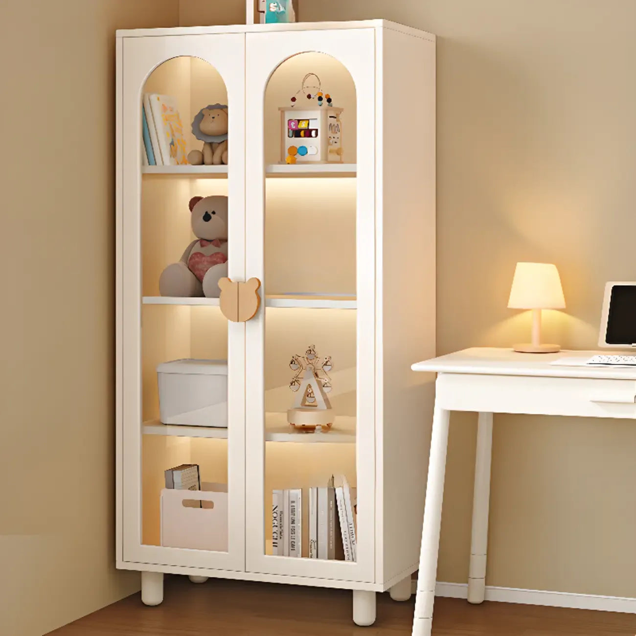 Bibliothèque moderne basse en bois blanc avec portes vitrées