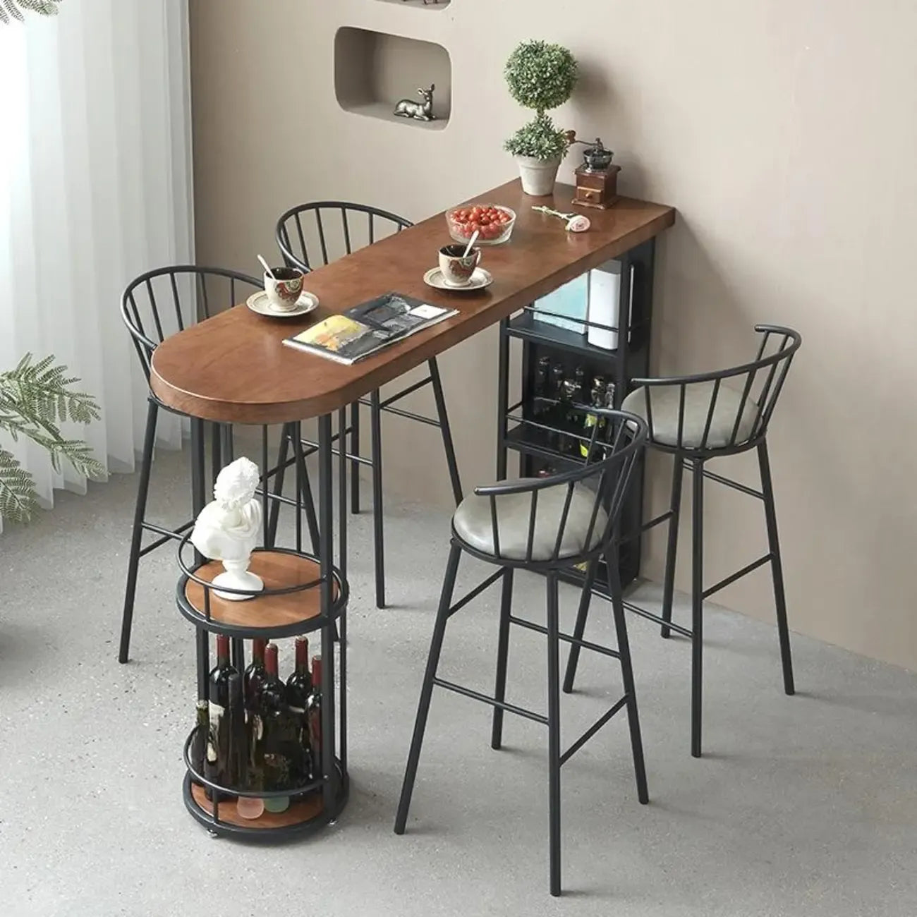 Tables de bar vintage en bois marron et fer noir avec étagères de rangement