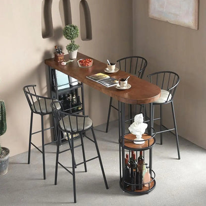 Tables de bar vintage en bois marron et fer noir avec étagères de rangement