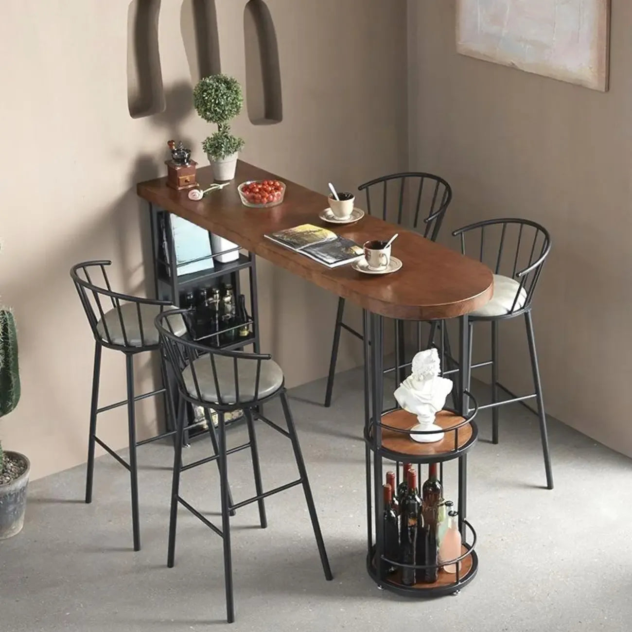 Tables de bar vintage en bois marron et fer noir avec étagères de rangement