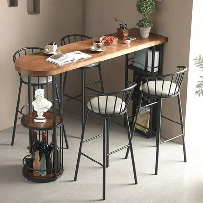 Tables de bar vintage en bois marron et fer noir avec étagères de rangement