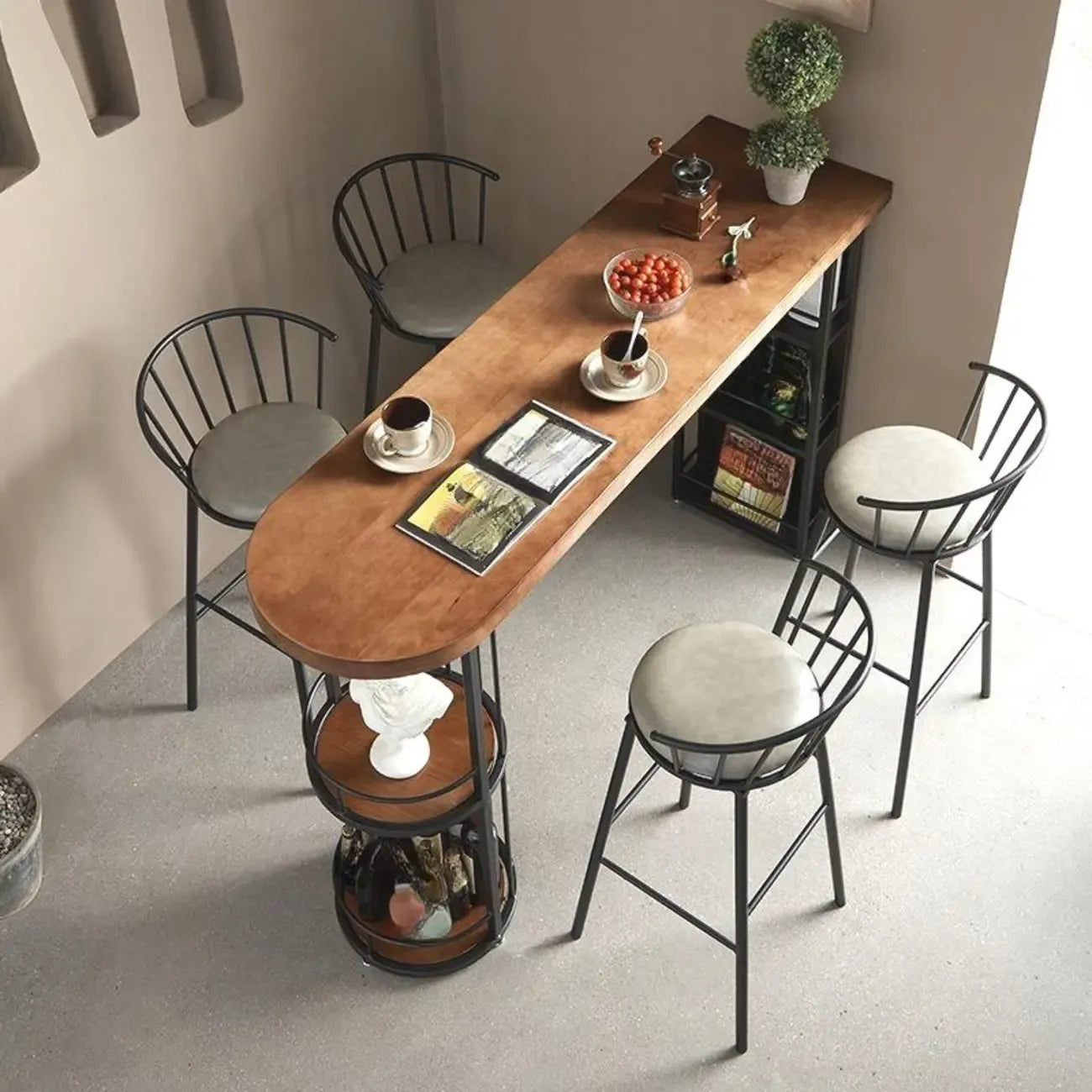 Tables de bar vintage en bois marron et fer noir avec étagères de rangement