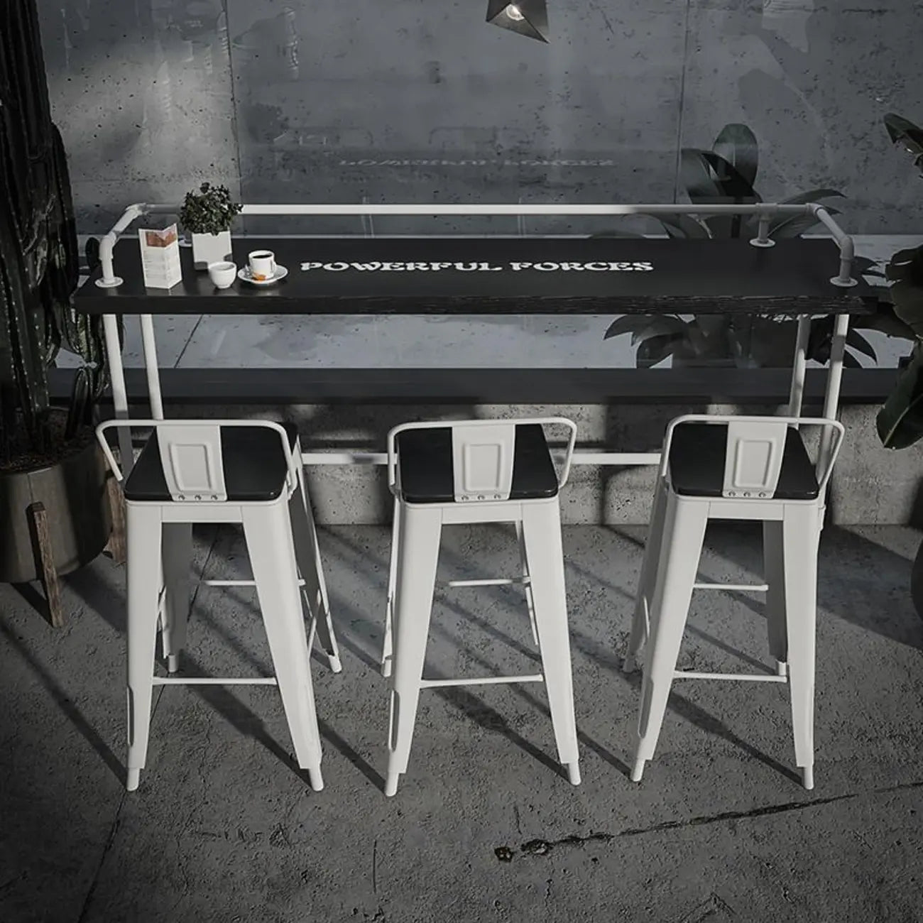 Table de bar rectangulaire à quatre pieds en bois noir et métal blanc, pour 4 personnes