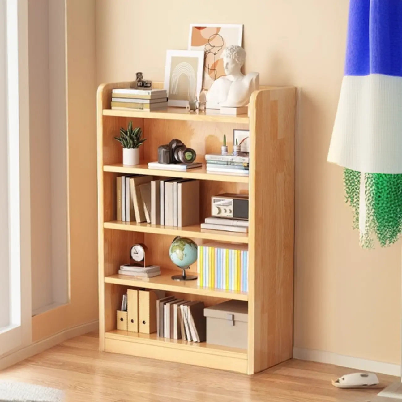 Bibliothèque verticale ouverte en bois brun résistant, à 5 étagères