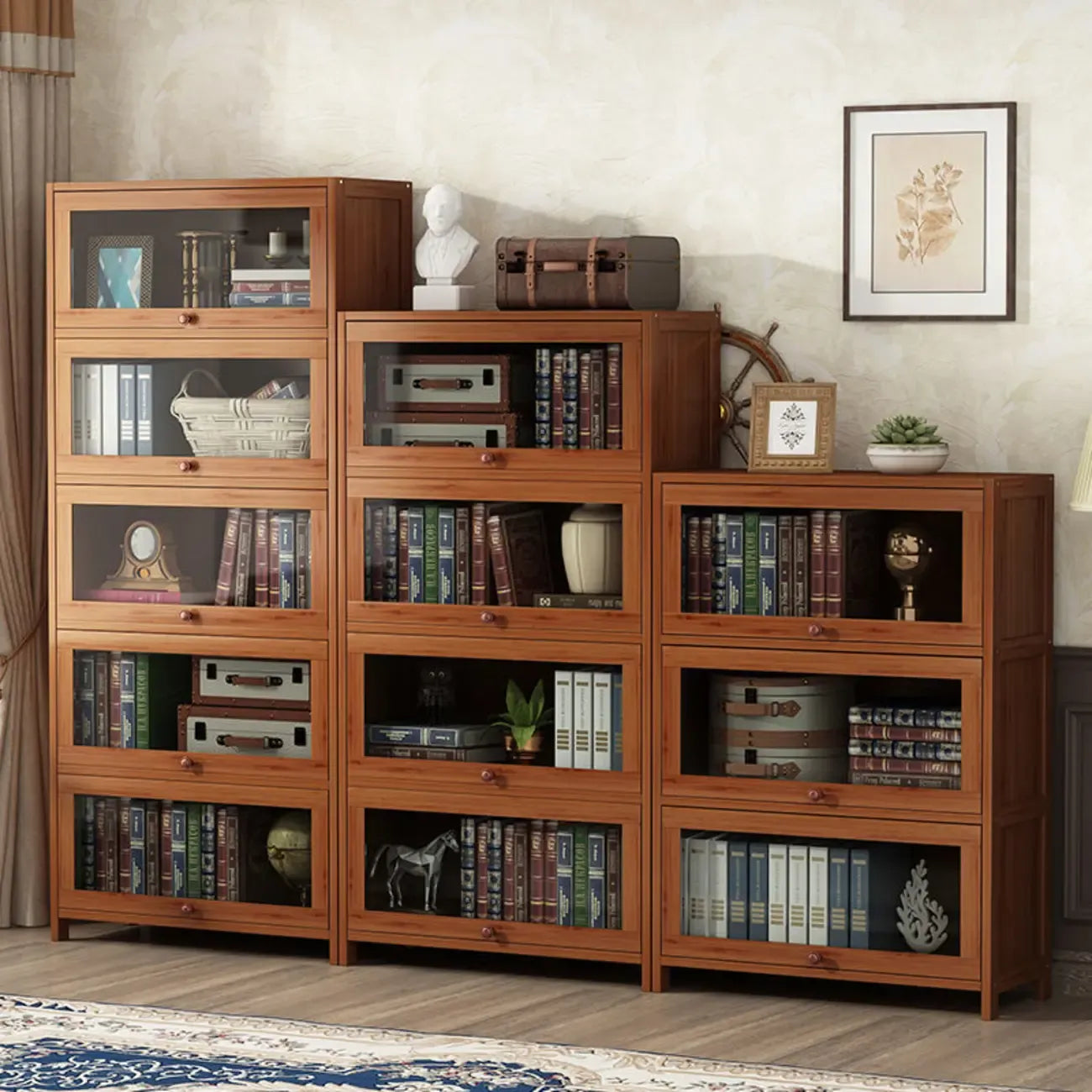 Organiseur à dos fermé en bois de noyer avec portes en verre