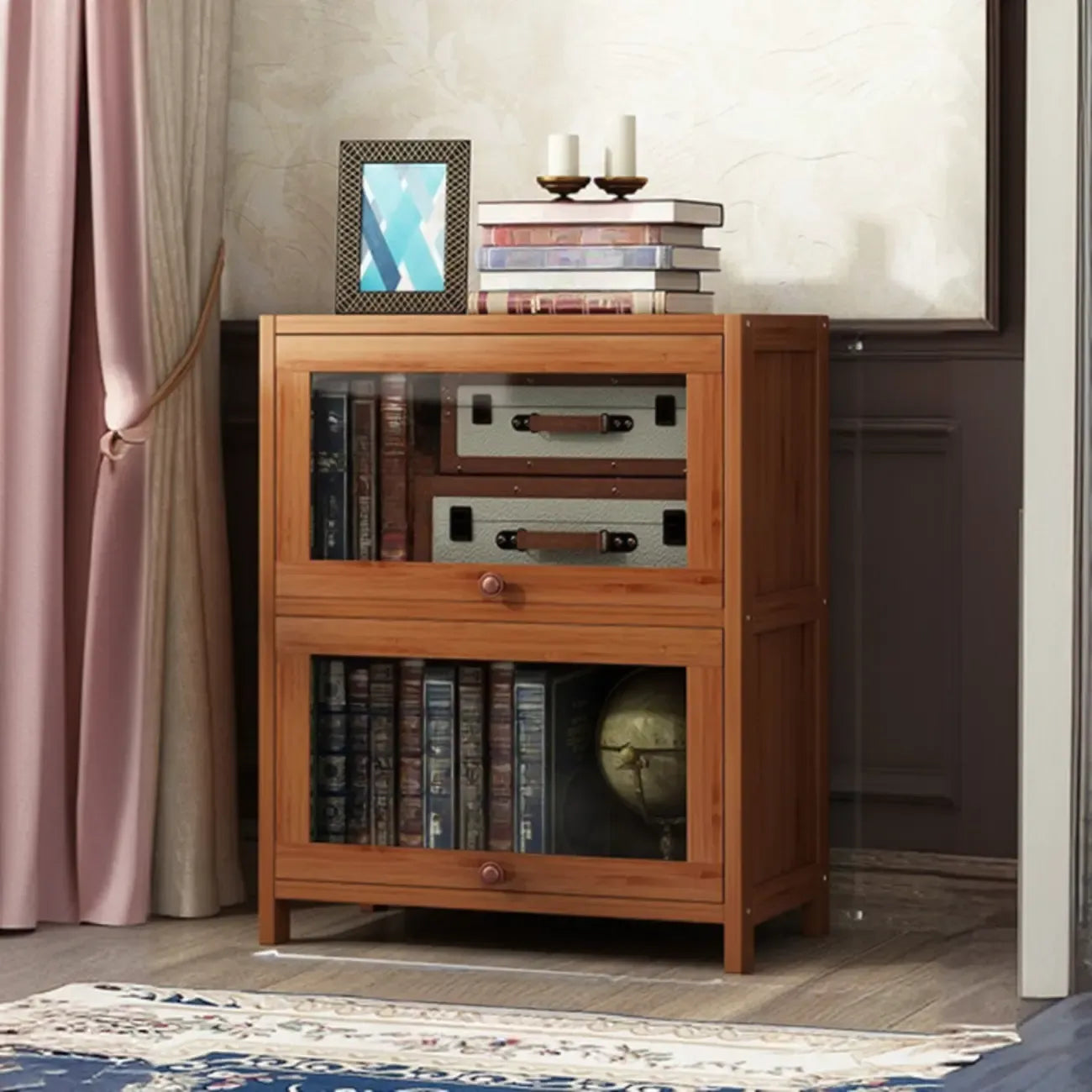 Organiseur à dos fermé en bois de noyer avec portes en verre