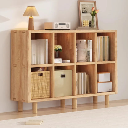 Bibliothèque horizontale en bois naturel avec étagère cubique