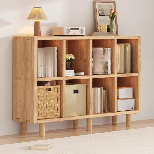 Bibliothèque horizontale en bois naturel avec étagère cubique