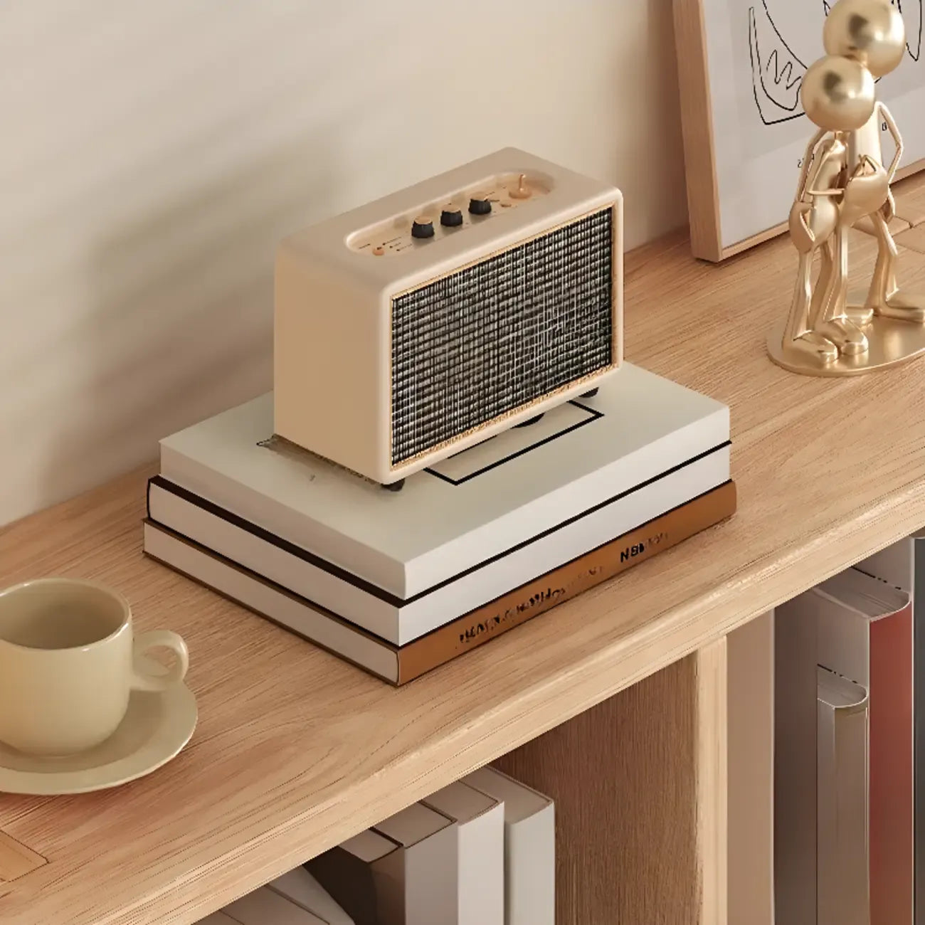 Bibliothèque horizontale en bois naturel avec étagère cubique