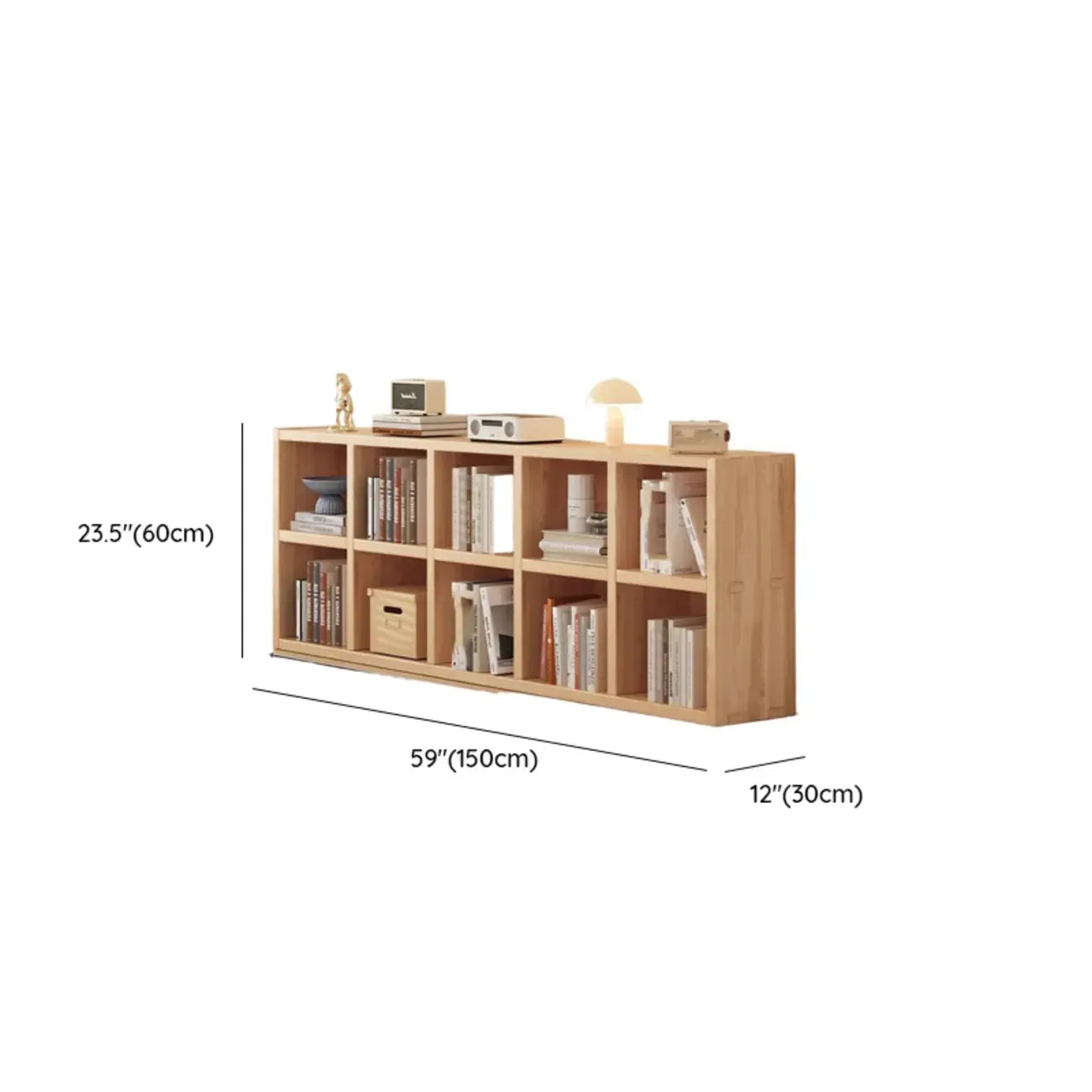 Bibliothèque horizontale en bois naturel avec étagère cubique