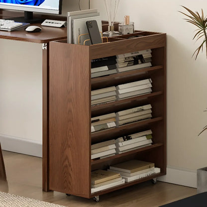 Bibliothèque verticale mobile à 5 étagères en bois brun noyer