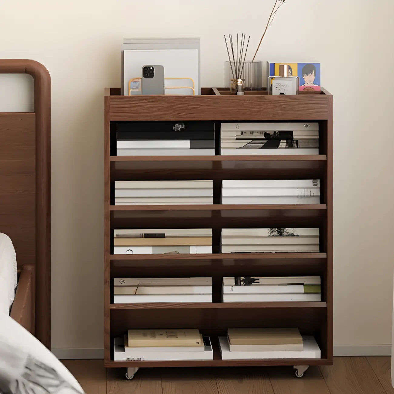 Bibliothèque verticale mobile à 5 étagères en bois brun noyer