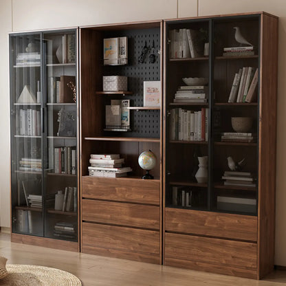 Bibliothèque traditionnelle en bois de noyer brun avec tiroirs