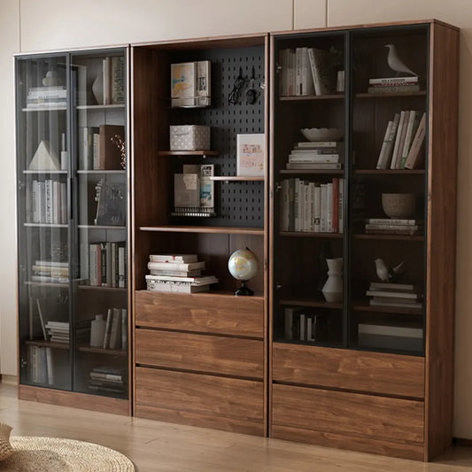 Bibliothèque traditionnelle en bois de noyer brun avec tiroirs