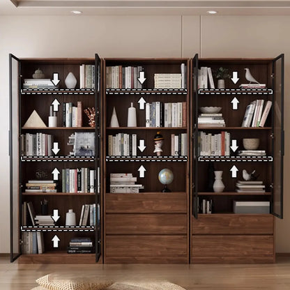 Bibliothèque traditionnelle en bois de noyer brun avec tiroirs