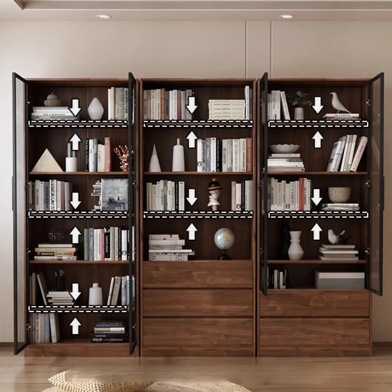 Bibliothèque traditionnelle en bois de noyer brun avec tiroirs