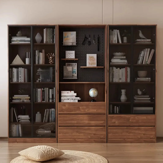 Bibliothèque traditionnelle en bois de noyer brun avec tiroirs