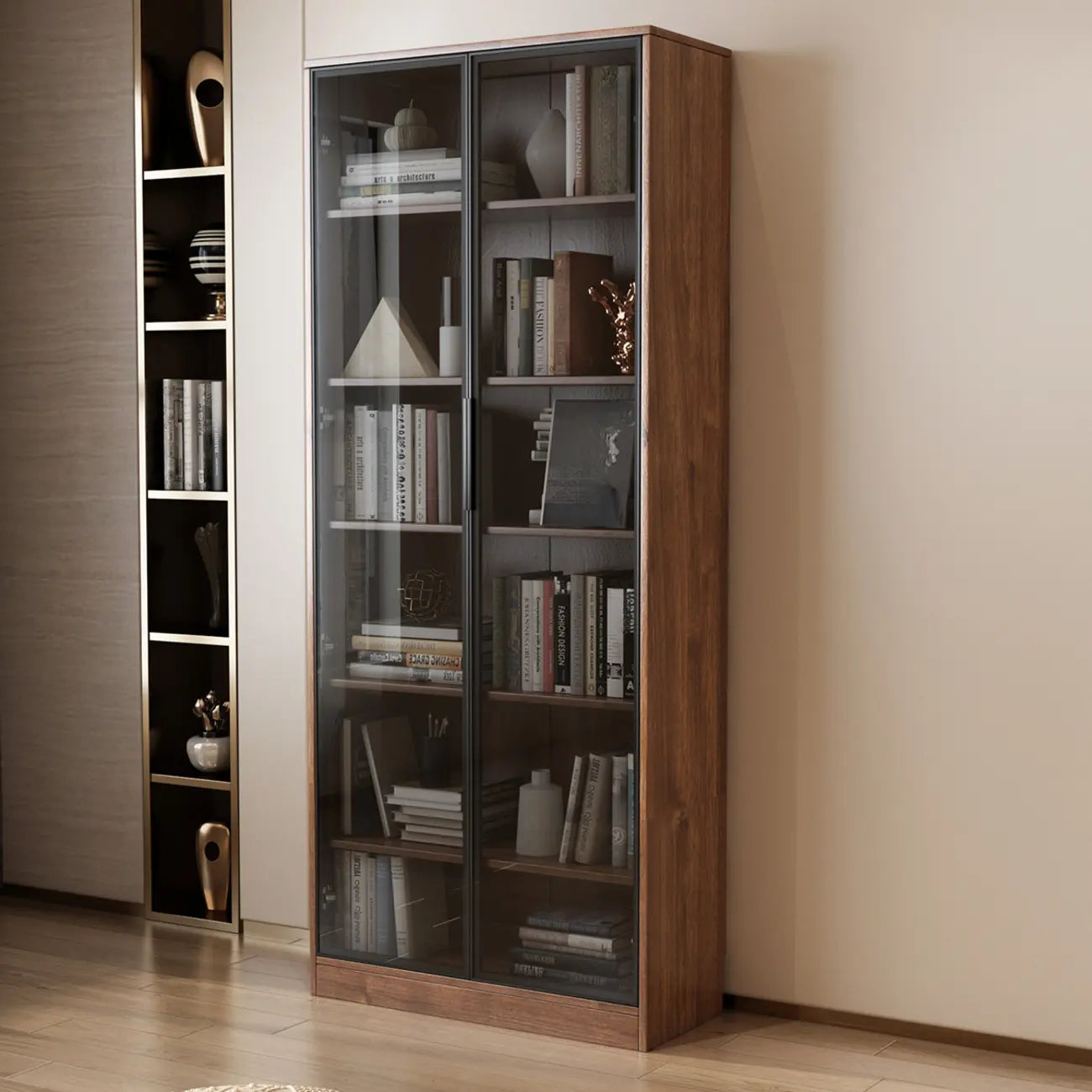 Bibliothèque traditionnelle en bois de noyer brun avec tiroirs