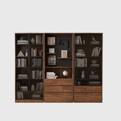Bibliothèque traditionnelle en bois de noyer brun avec tiroirs