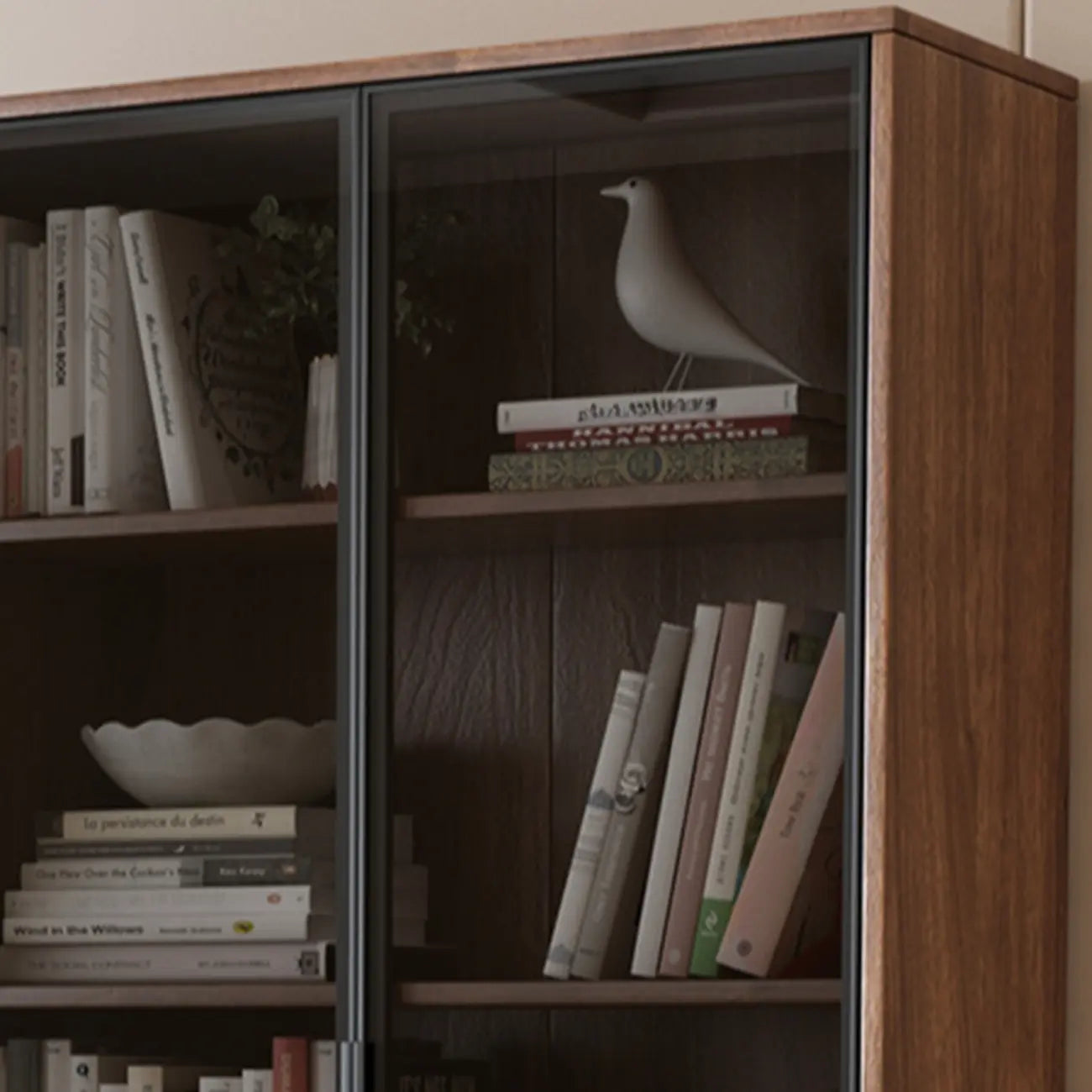Bibliothèque traditionnelle en bois de noyer brun avec tiroirs