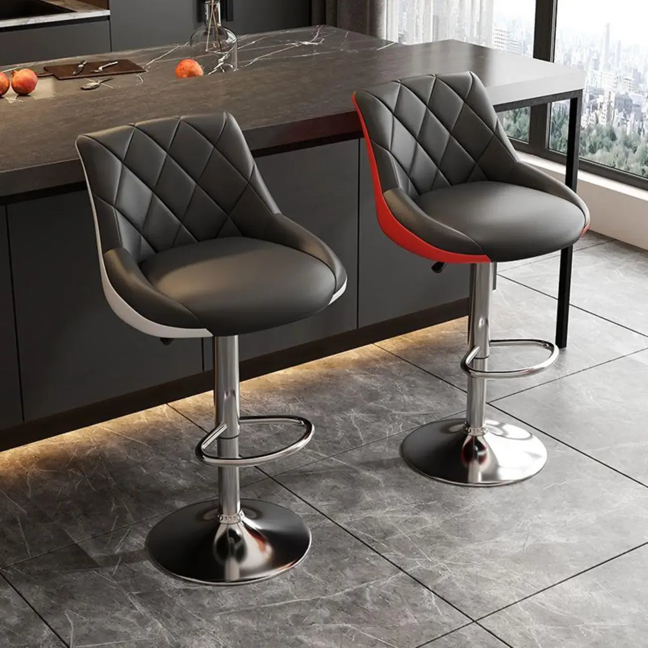 Tabouret de bar pivotant capitonné à losanges, réglable, en cuir PU noir et rouge